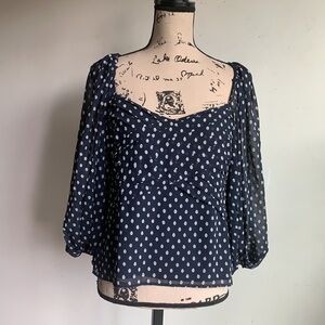 Express Balloon Sleeve Navy and White Polka Dot Blouse